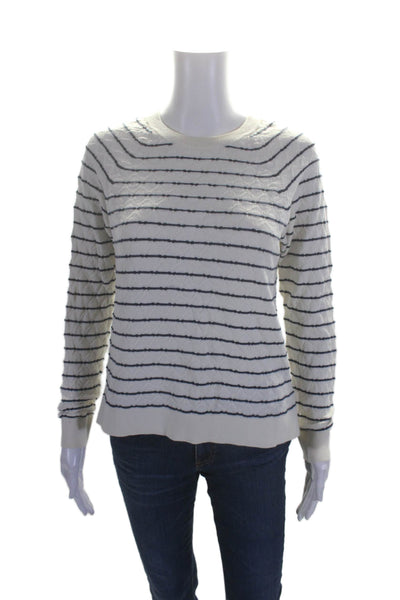 J Crew Womens Cotton Round Neck Ribbed knitted Stripe Sweater White Size M