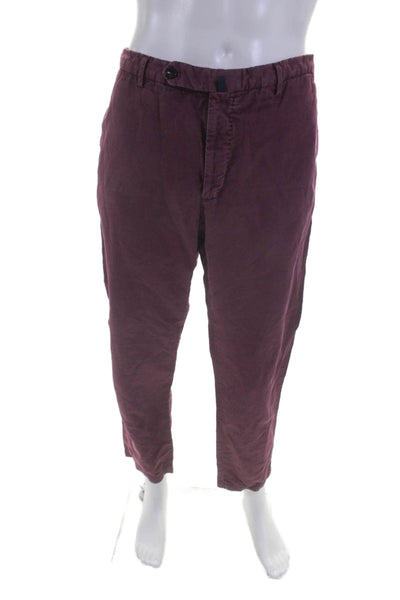 Incotex Mens Cotton Flat Front Straight Leg Trousers Burgundy Size 38