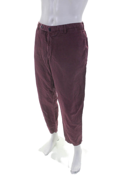 Incotex Mens Cotton Flat Front Straight Leg Trousers Burgundy Size 38