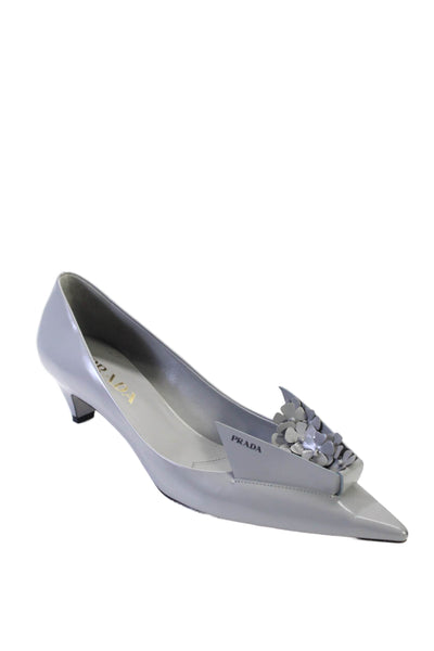 Prada Womens Patent Leather Floral Applique Pointed Toe Pumps Gray Size 38.5 8.5