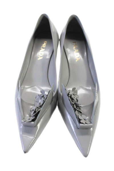 Prada Womens Patent Leather Floral Applique Pointed Toe Pumps Gray Size 38.5 8.5