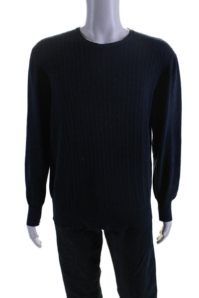 Faconnable Mens Long Sleeve Cable Knit Crew Neck Sweater Navy Cotton Size Large