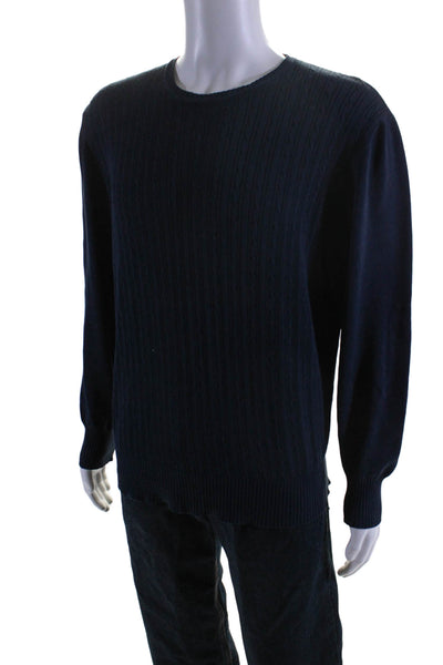 Faconnable Mens Long Sleeve Cable Knit Crew Neck Sweater Navy Cotton Size Large