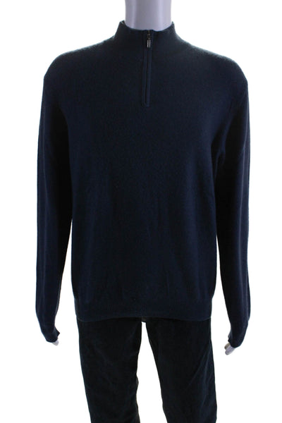 Joseph & Lyman Mens Quarter Zip Mock Neck Cashmere Sweater Navy Blue Size Large