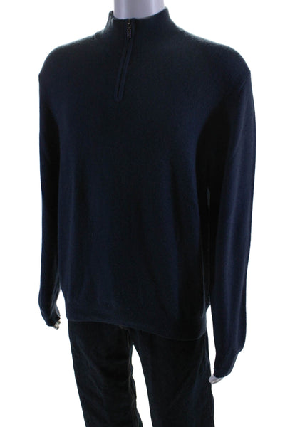 Joseph & Lyman Mens Quarter Zip Mock Neck Cashmere Sweater Navy Blue Size Large