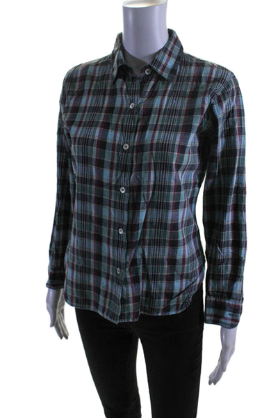 Agnes B Womens Cotton Plaid Buttoned Collared Long Sleeve Top Blue Size 2