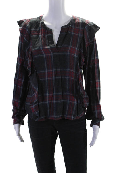 Two by Vince Camuto Womens Plaid Ruffled Shirt Grey Red Size Extra Small