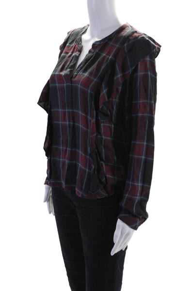 Two by Vince Camuto Womens Plaid Ruffled Shirt Grey Red Size Extra Small