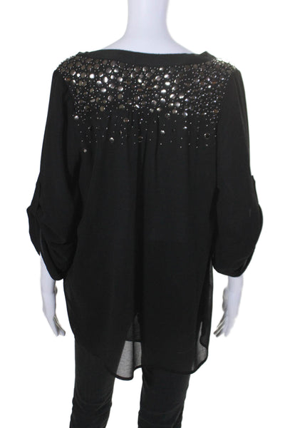 Greylin Anthropologie Womens 3/4 Sleeve V Neck Embellished Top Black Medium