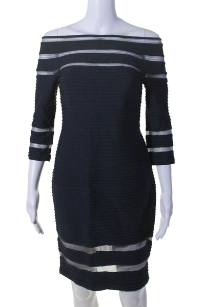 Tadashi Shoji Womens Back Zip 3/4 Sleeve Open Knit Striped Dress Navy Size PM