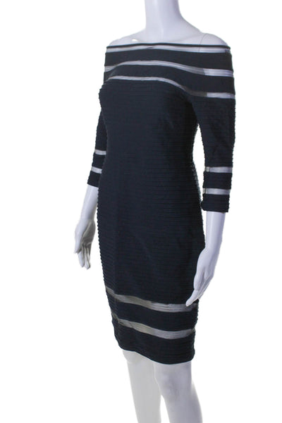 Tadashi Shoji Womens Back Zip 3/4 Sleeve Open Knit Striped Dress Navy Size PM