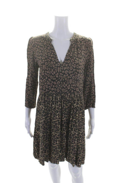 Maeve Anthropologie Womens 3/4 Sleeve V Neck Leopard Print Dress Brown Medium