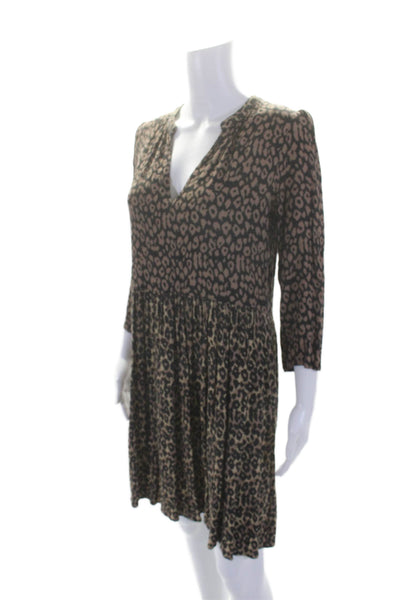 Maeve Anthropologie Womens 3/4 Sleeve V Neck Leopard Print Dress Brown Medium