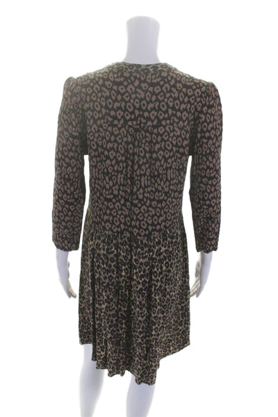 Maeve Anthropologie Womens 3/4 Sleeve V Neck Leopard Print Dress Brown Medium