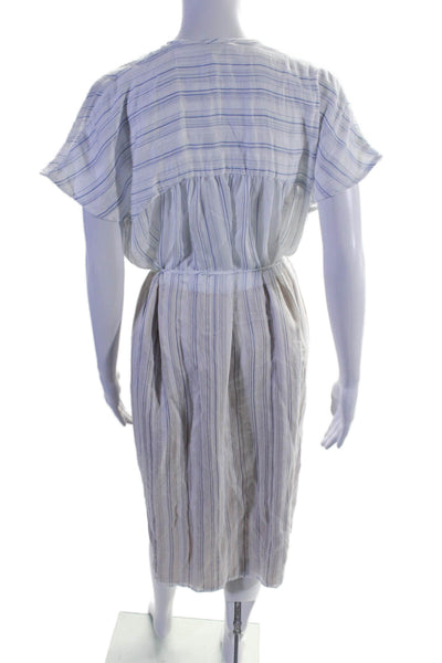 Vince Womens Button Up Short Sleeve Keyhole Striped Shirt Dress White Blue Small