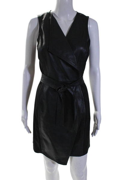 BCBGMAXAZRIA Womens Faux Leather V Neck Sleeveless Faux Wrap Dress Black Size S