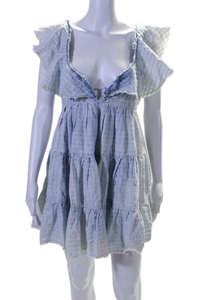 Free People Womens Cotton V Neck Ruffle Trim Tiered Mini Dress Blue Size S