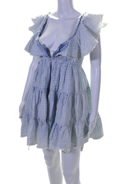 Free People Womens Cotton V Neck Ruffle Trim Tiered Mini Dress Blue Size S