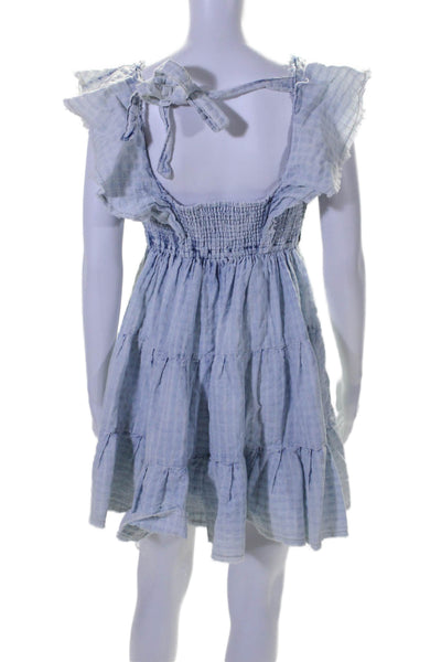 Free People Womens Cotton V Neck Ruffle Trim Tiered Mini Dress Blue Size S