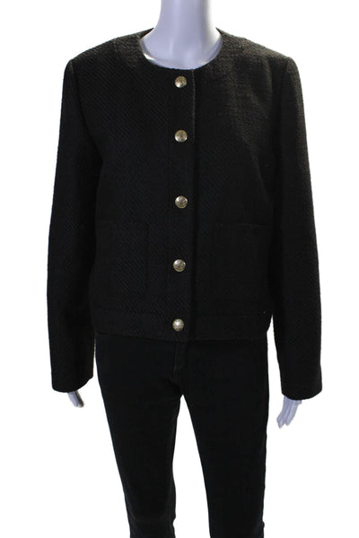 J Crew Womens Textured Woven Buttoned Round Neck Blazer Jacket Black Size 14