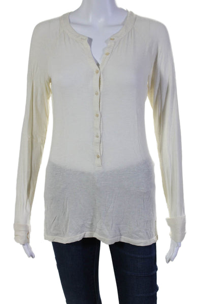 Theory Womens V-Neck Buttoned Long Sleeve Pullover Henley T-Shirt Cream Size L