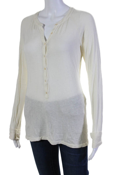 Theory Womens V-Neck Buttoned Long Sleeve Pullover Henley T-Shirt Cream Size L