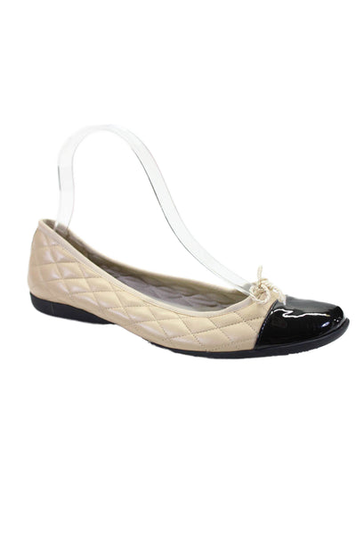 FS/NY Womens Leather Quilted Patent Leather Cap Toe Flats Beige Black Size 6