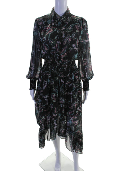 Misa Womens Floral Print Ruched Ruffled High Low Long Sleeve Dress Black Size XS