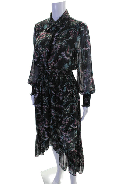 Misa Womens Floral Print Ruched Ruffled High Low Long Sleeve Dress Black Size XS