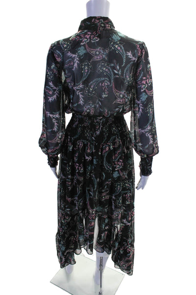 Misa Womens Floral Print Ruched Ruffled High Low Long Sleeve Dress Black Size XS