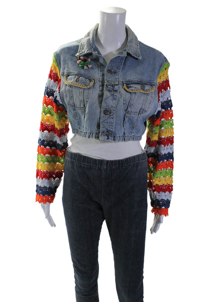 Replay Womens Denim Crochet Long Sleeves Cropped Jacket Blue Size Small