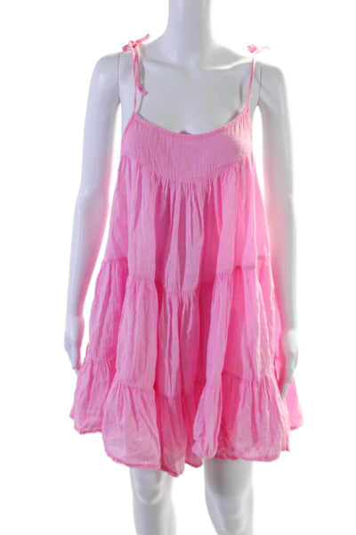 Honorine Womens Cotton Round Neck Tied Tiered A-Line Dress Neon Pink Size XS