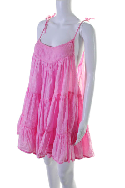 Honorine Womens Cotton Round Neck Tied Tiered A-Line Dress Neon Pink Size XS