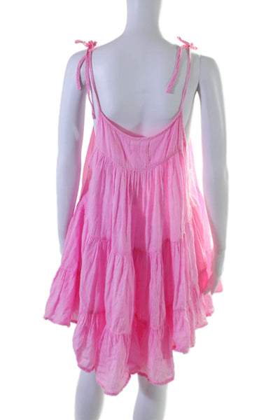 Honorine Womens Cotton Round Neck Tied Tiered A-Line Dress Neon Pink Size XS