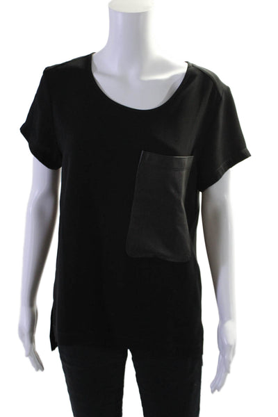 Rag & Bone Womens Short Sleeve Scoop Neck Leather Trim Blouse Black Size S