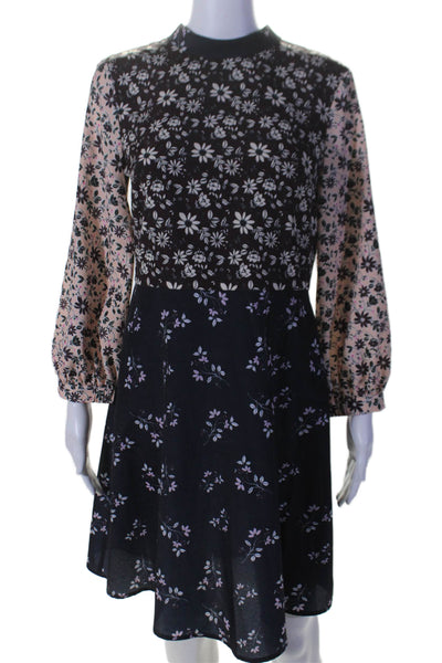 1901 Womens Back Zip 3/4 Sleeve Crew Neck Floral Dress Navy Beige Size 4