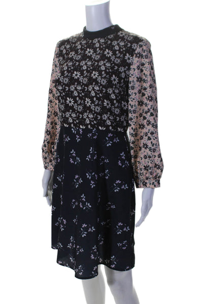 1901 Womens Back Zip 3/4 Sleeve Crew Neck Floral Dress Navy Beige Size 4