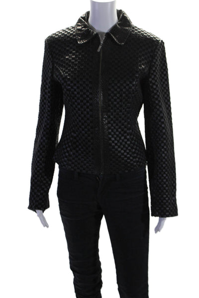 Designer Womens Leather Animal Print Woven Patchwork Zipped Jacket Black Size M