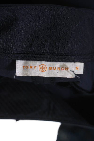 Tory Burch Womens Cotton Zip Pleated Lined Tapered Leg Dress Pants Navy Size 12