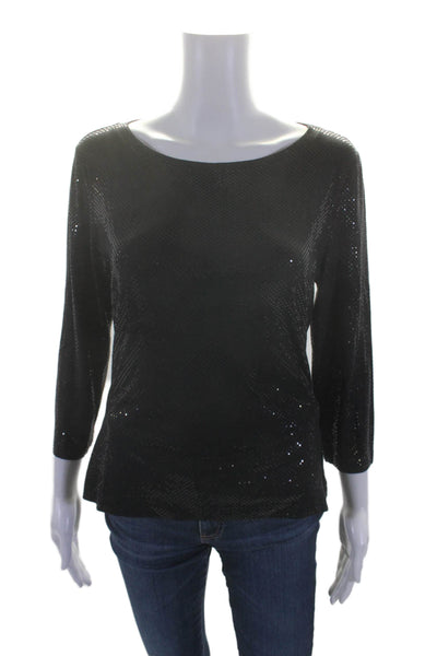 St. John Womens Textured Long Sleeve Round Neck Fitted Top Black Size M