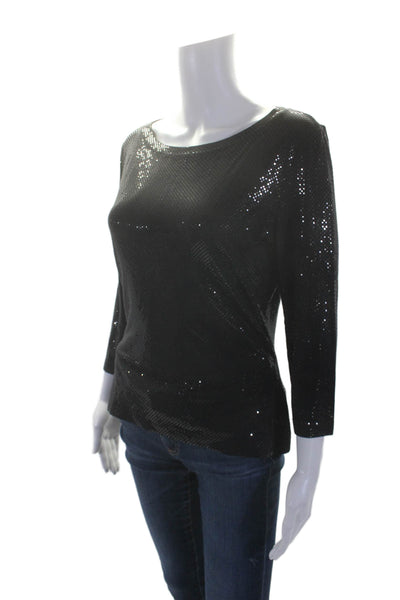 St. John Womens Textured Long Sleeve Round Neck Fitted Top Black Size M