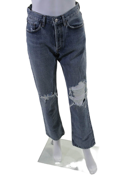 Agolde Womens Button Fly High Rise Distressed Straight Leg Jeans Blue Denim 24