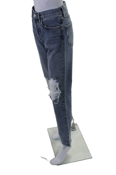 Agolde Womens Button Fly High Rise Distressed Straight Leg Jeans Blue Denim 24