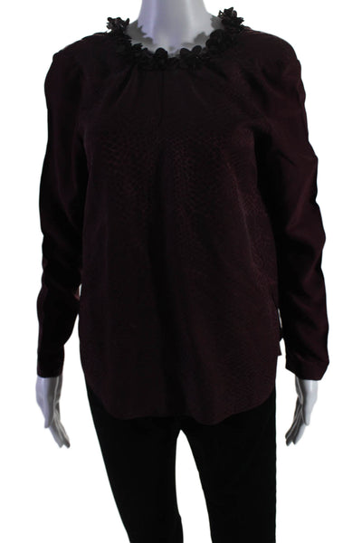 Womens Silk Animal Print Textured Collared Long Sleeve Blouse Maroon Size L