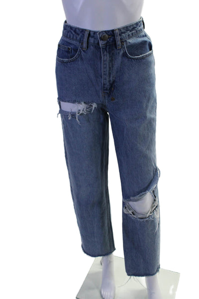 Ksubi Womens Zipper Fly High Rise Distressed Fringe Straight Leg Jeans Blue 24