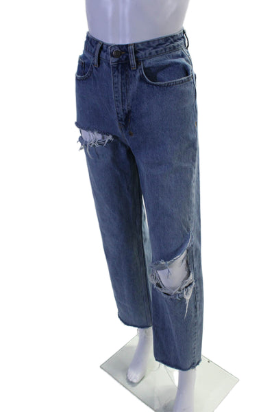 Ksubi Womens Zipper Fly High Rise Distressed Fringe Straight Leg Jeans Blue 24