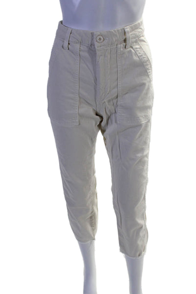 Amo Womens Cotton Zip Button Lined Fray Leg Casual Trousers Cream Size EUR 26