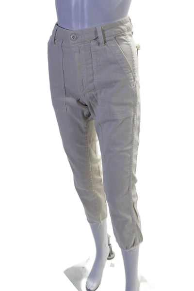 Amo Womens Cotton Zip Button Lined Fray Leg Casual Trousers Cream Size EUR 26