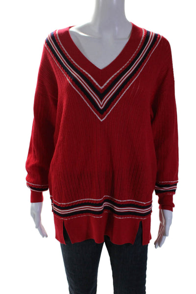 Rag & Bone Womens Wool V-neck Ribbed Knit Colorblock Sweater Red Size XS