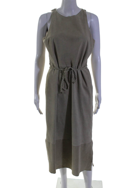 Elie Tahari Womens Lamb Suede Round Neck Sleeveless Maxi Dress Beige Size M
